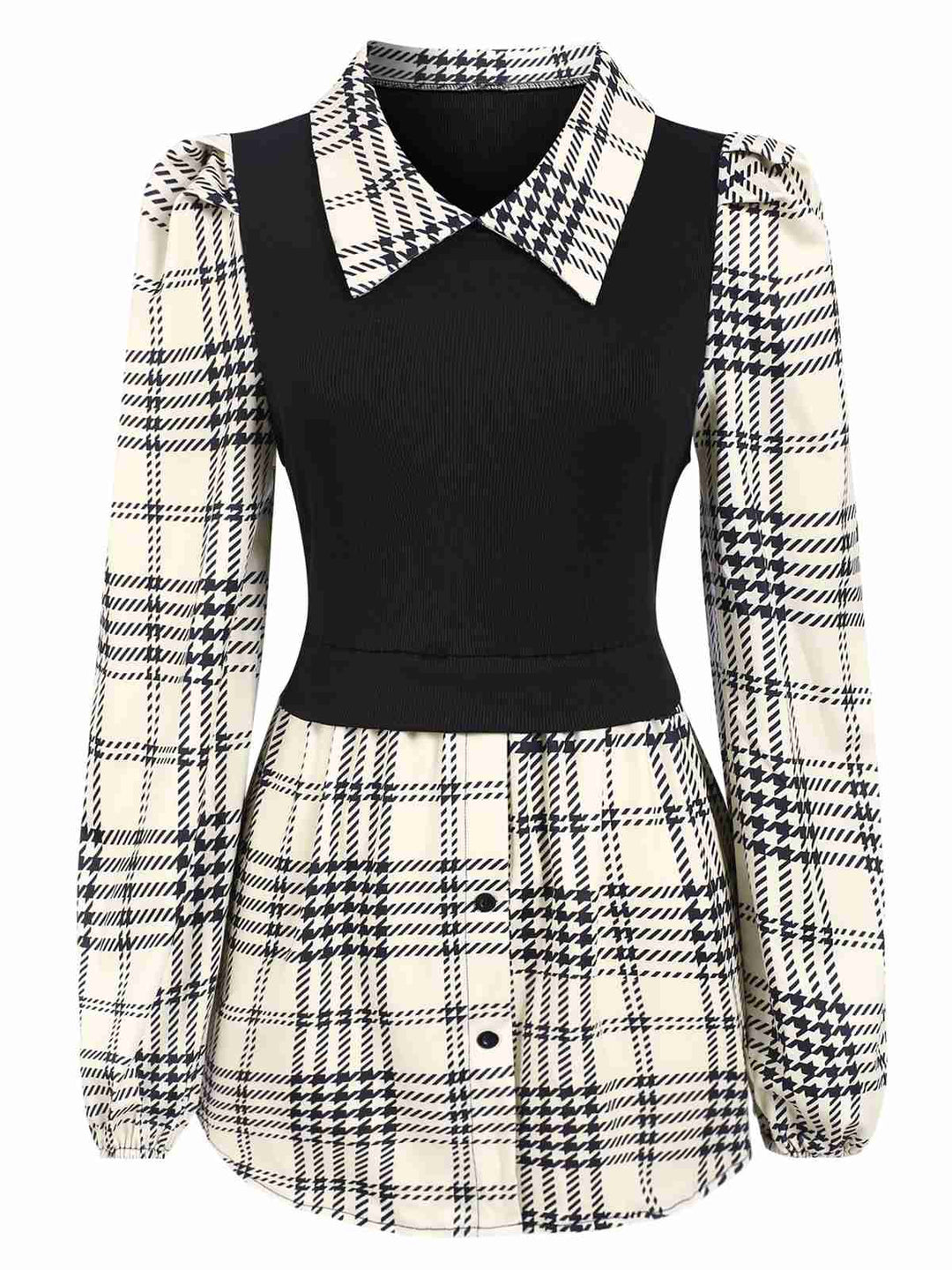 Beige 1930s Plaid Patchwork Puff Sleeve Lapel Shirt, vintage fashion, style - perfect for women who love vintage and fashion
