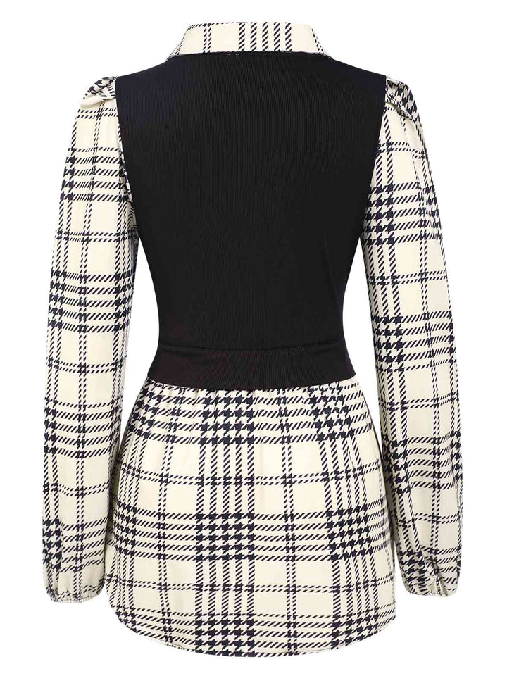 Beige 1930s Plaid Patchwork Puff Sleeve Lapel Shirt, vintage fashion, style - perfect for women who love vintage and fashion