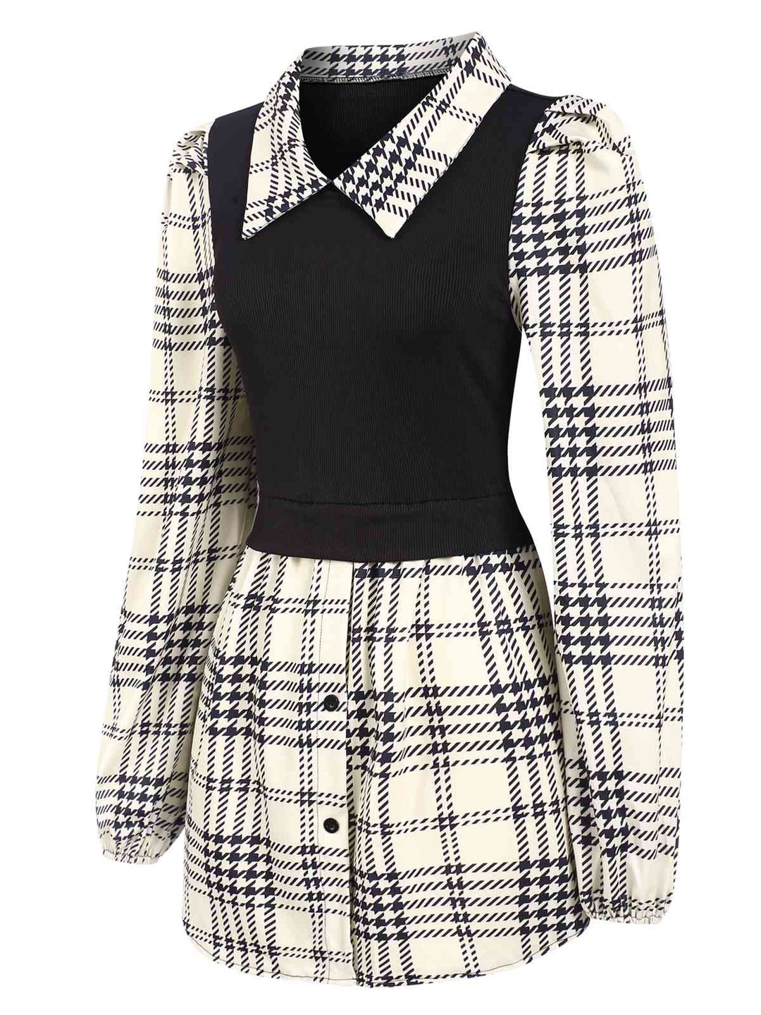Beige 1930s Plaid Patchwork Puff Sleeve Lapel Shirt, vintage fashion, style - perfect for women who love vintage and fashion