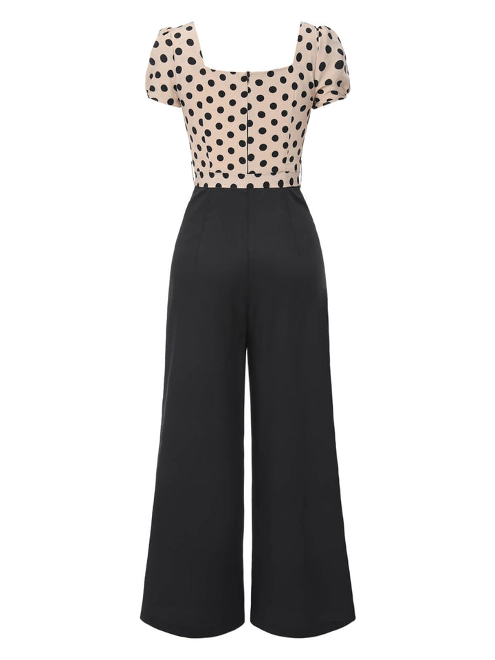 Beige 1930s Polka Dots Sweetheart Neck Jumpsuit — 1930s style that transcends decades