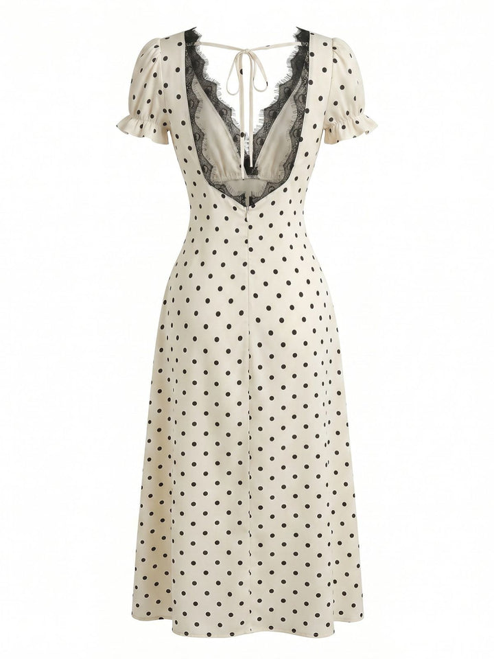 Beige 1930s Satin Polka Dot Lace V-Neck Dress, vintage dress, retro fashion, lace detail - perfect for women who love vintage and retro fashion