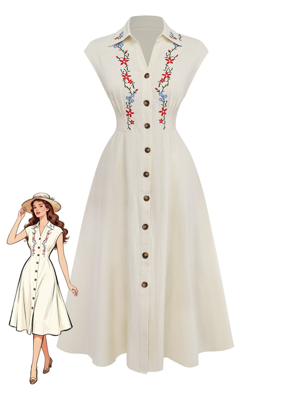 Beige 1940s Embroidered Floral Cap Sleeve Dress, vintage dress, retro fashion, floral print - perfect for women who love vintage and retro fashion
