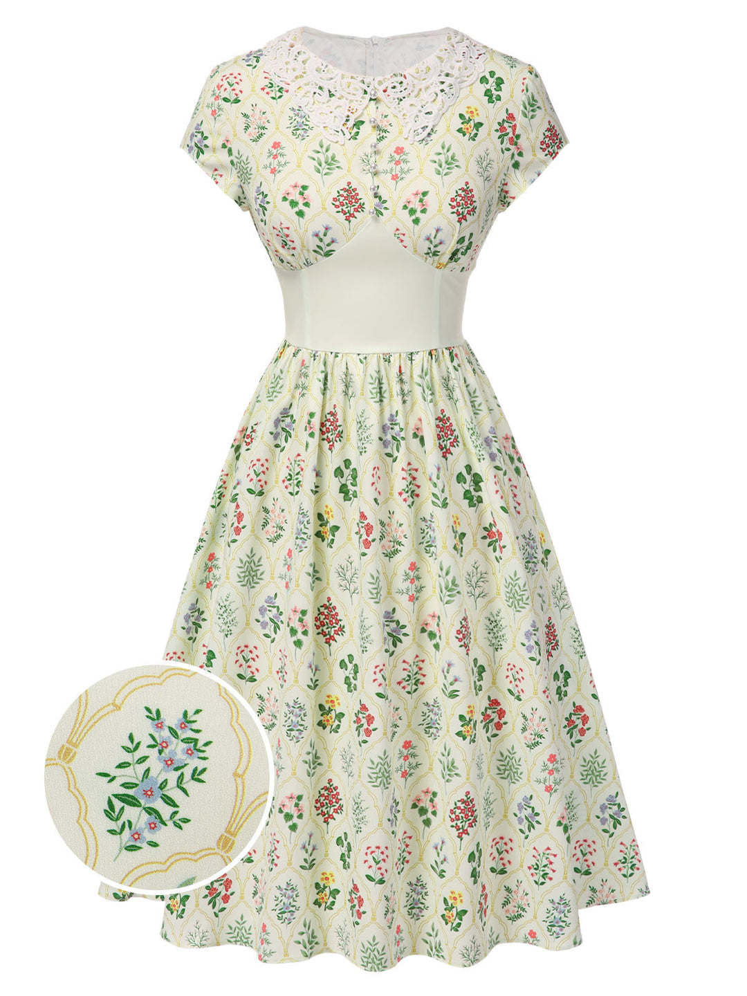 She slips into this Beige 1940s Floral Lace Collar Cap Sleeve Dress and suddenly it&