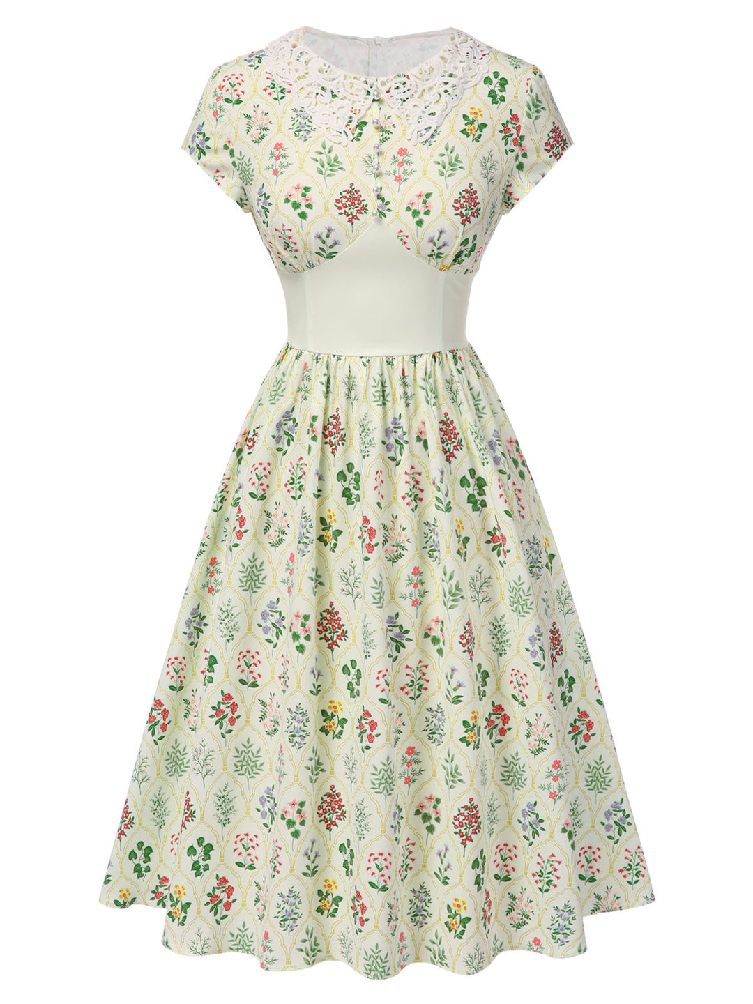 Beige 1940s Floral Lace Collar Cap Sleeve Dress: where 1940s romance meets her modern spirit