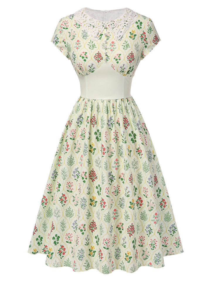 Beige 1940s Floral Lace Collar Cap Sleeve Dress: where 1940s romance meets her modern spirit