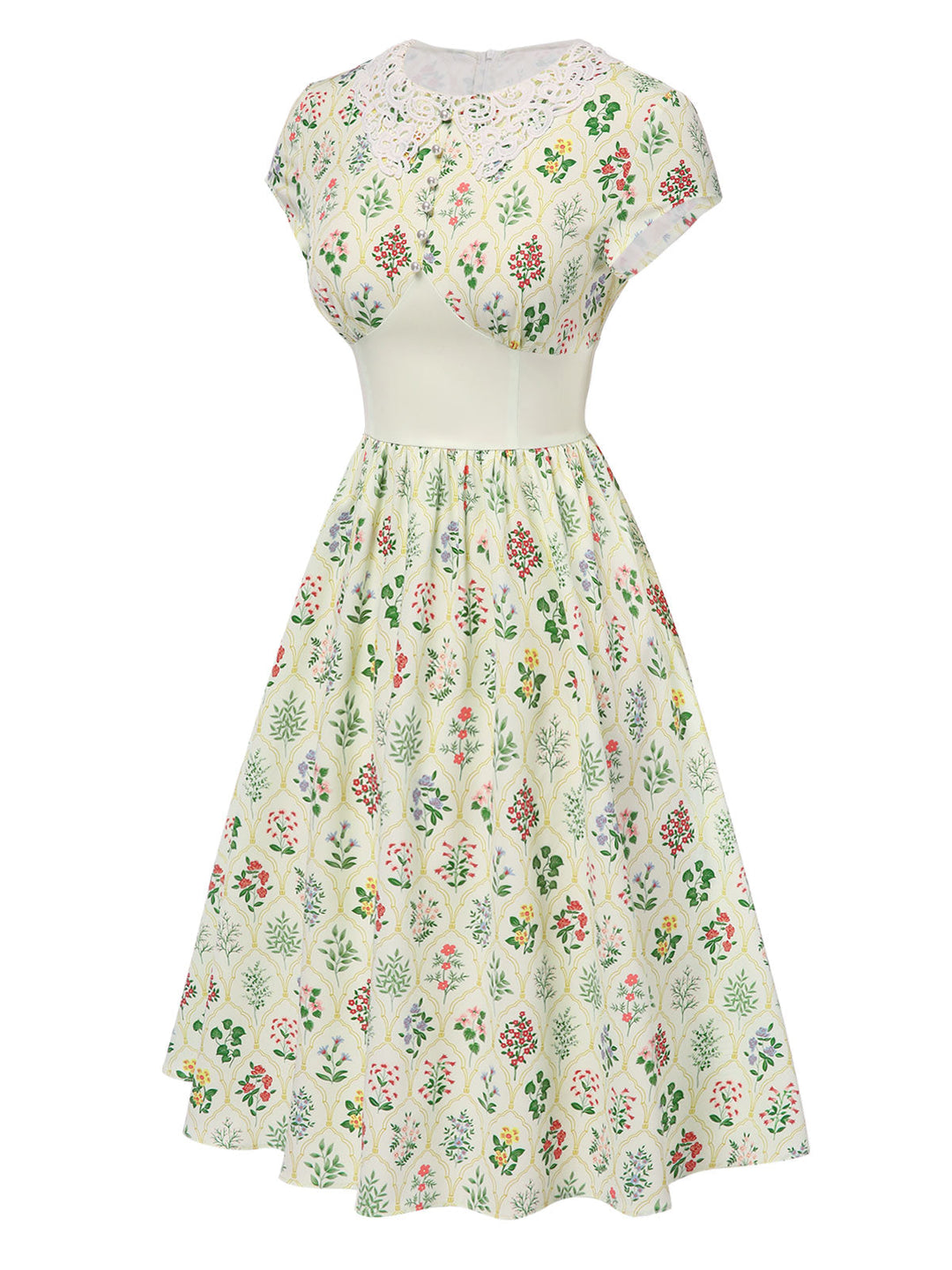 This Beige 1940s Floral Lace Collar Cap Sleeve Dress wraps her in 1940s elegance, one twirl at a time