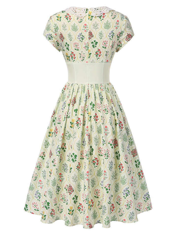Beige 1940s Floral Lace Collar Cap Sleeve Dress — the kind of 1940s dress that makes strangers smile