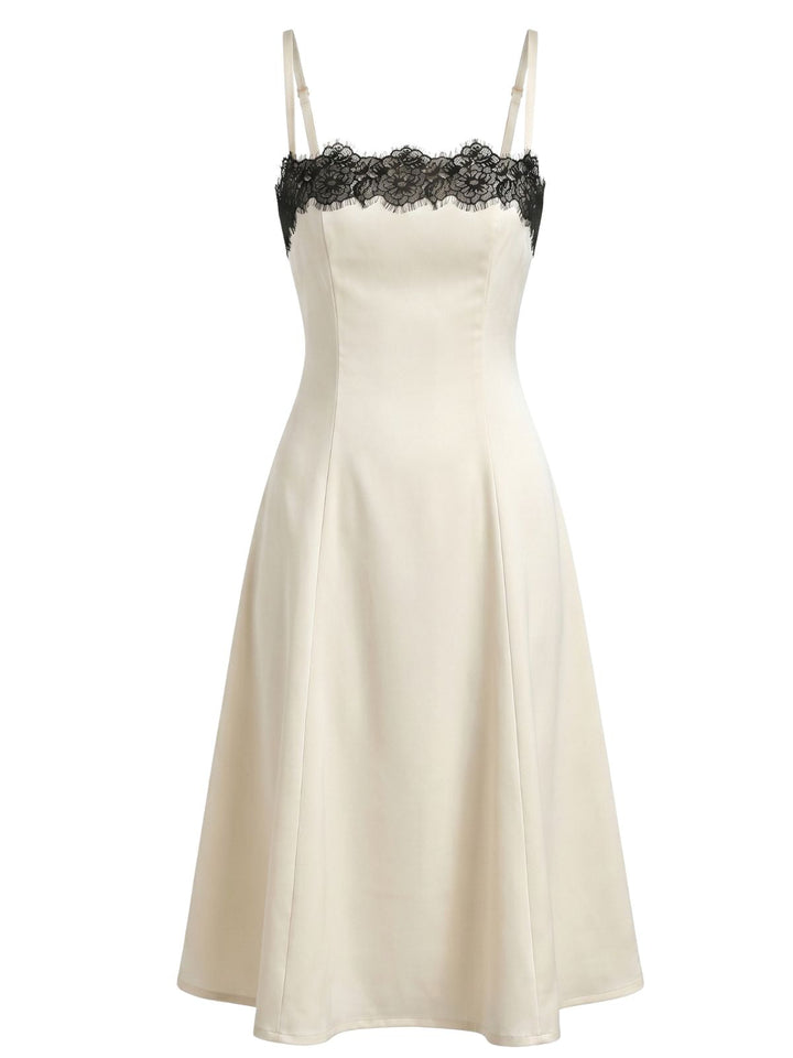 Beige 1940s Lace Off Shoulder Spaghetti Strap Dress, vintage dress, retro fashion, lace detail - perfect for women who love vintage and retro fashion