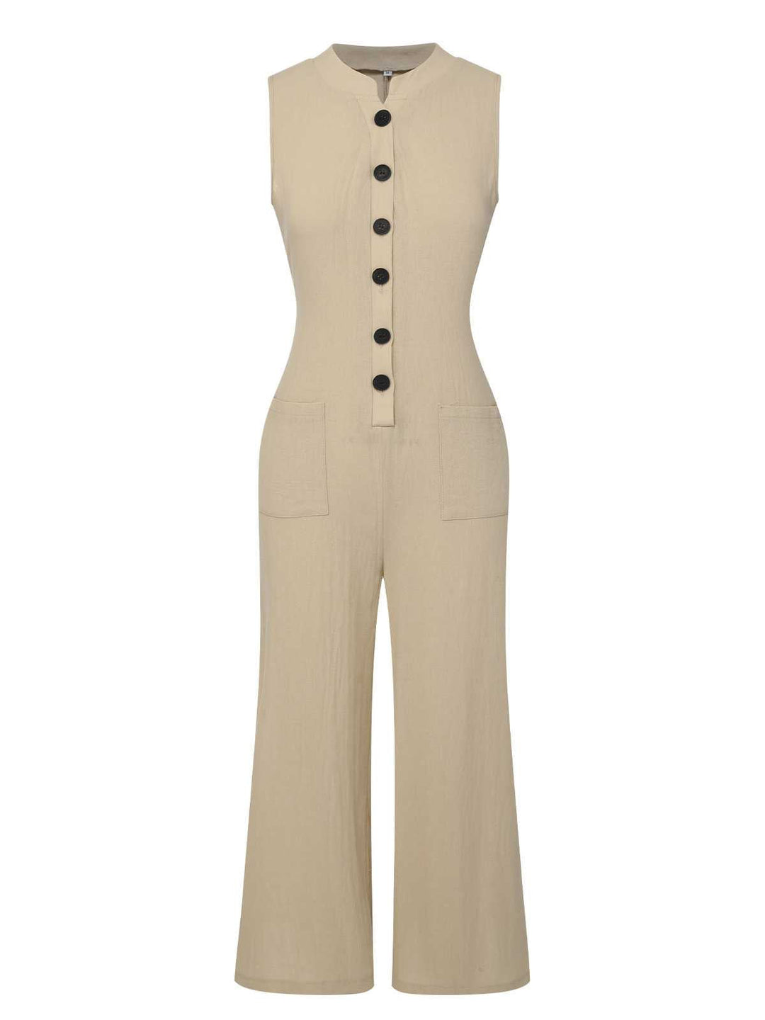 She finds her 1940s story in this Beige 1940s Pockets Solid Sleeveless Jumpsuit