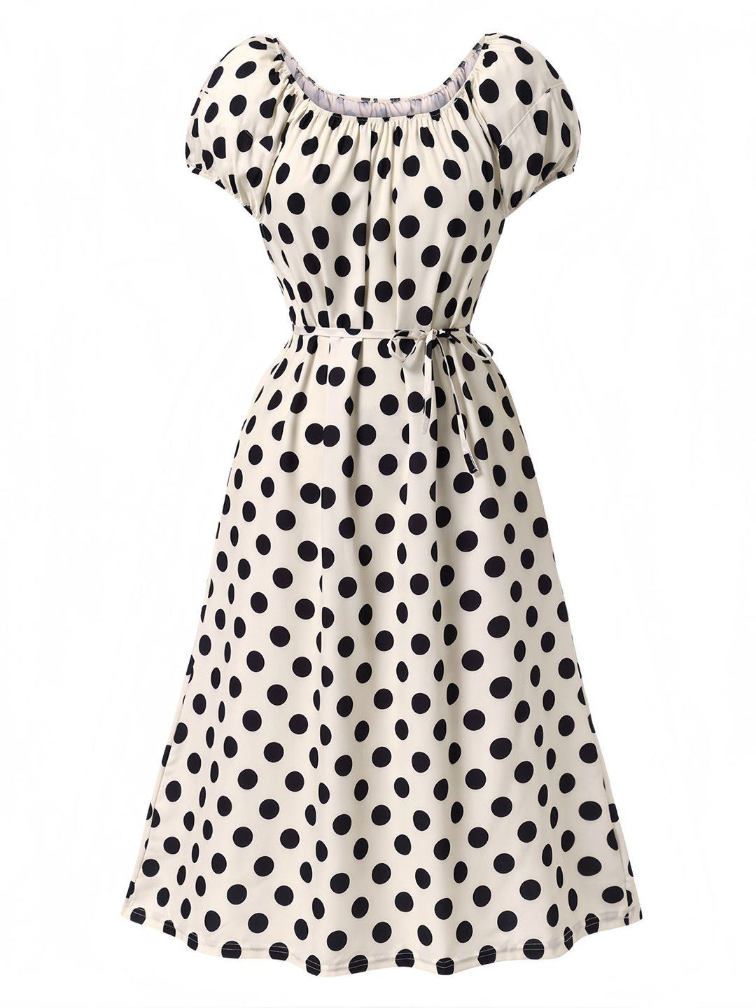 She slips into this Beige 1940s Polka Dot Puff Sleeves Dress and suddenly it&
