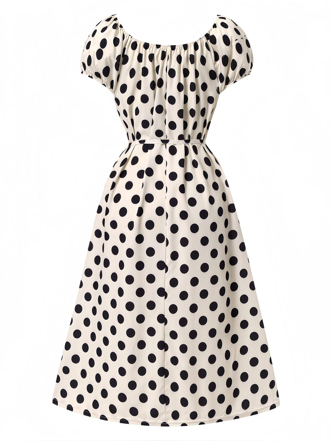 Beige 1940s Polka Dot Puff Sleeves Dress: where 1940s romance meets her modern spirit