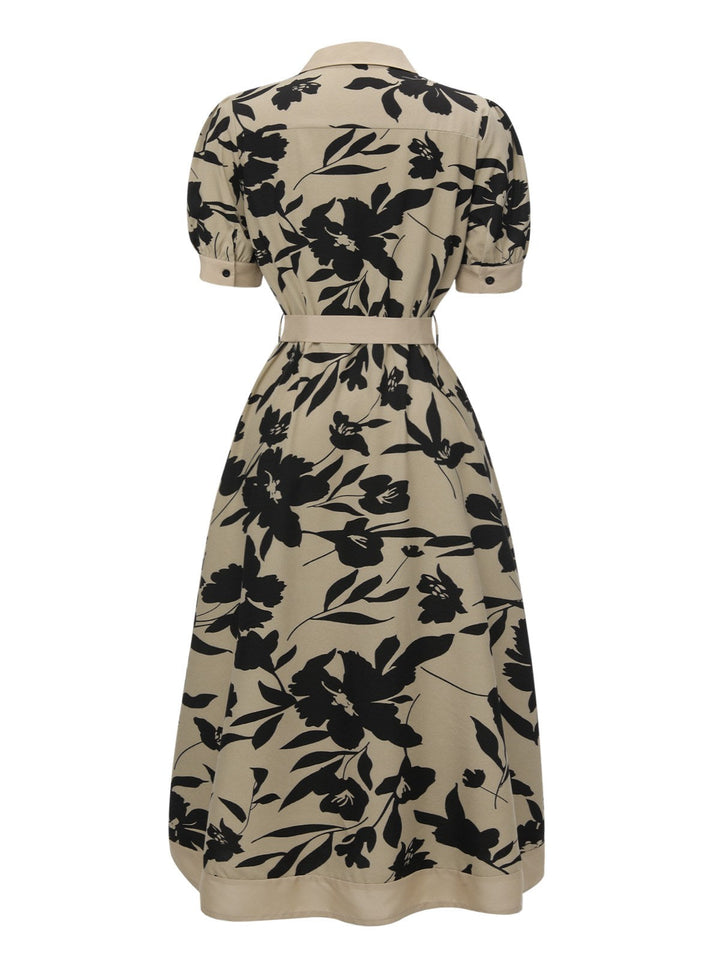 Beige 1940s Shirt-Collar Buttons Floral Printed Dress, vintage dress, retro fashion, floral print - perfect for women who love vintage and retro fashion