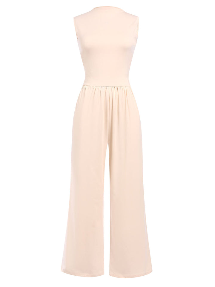 Beige 1940s Solid High Neck Jumpsuit, vintage romper, retro jumpsuit - perfect for women who love vintage and retro fashion