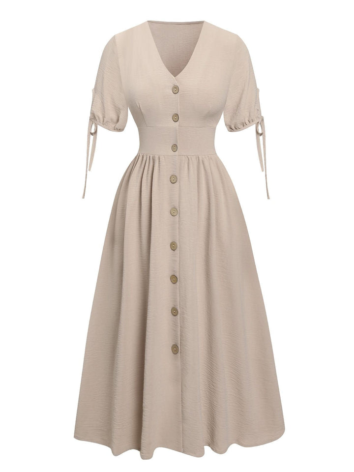 Beige 1940s Solid V-Neck Buttons Dress, vintage dress, retro fashion - perfect for women who love vintage and retro fashion