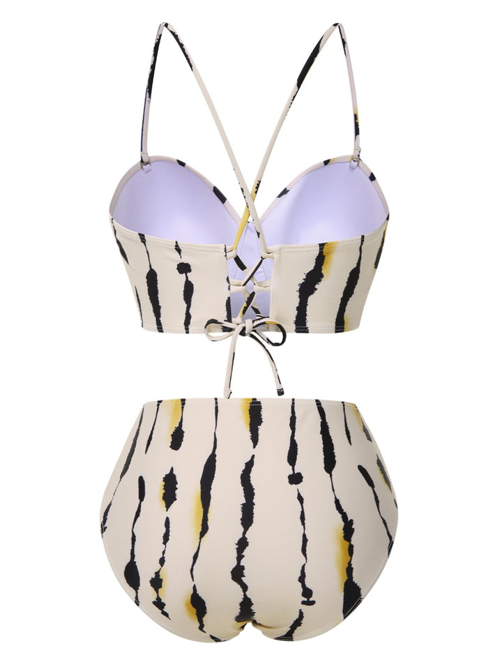 Beige 1950s Back Cross Straps Ink Splash Swimsuit: 1950s Riviera elegance, reimagined for her