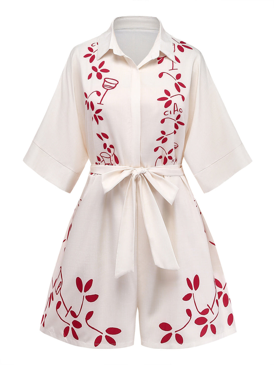 Beige 1950s Botanical Print Belted Romper 2