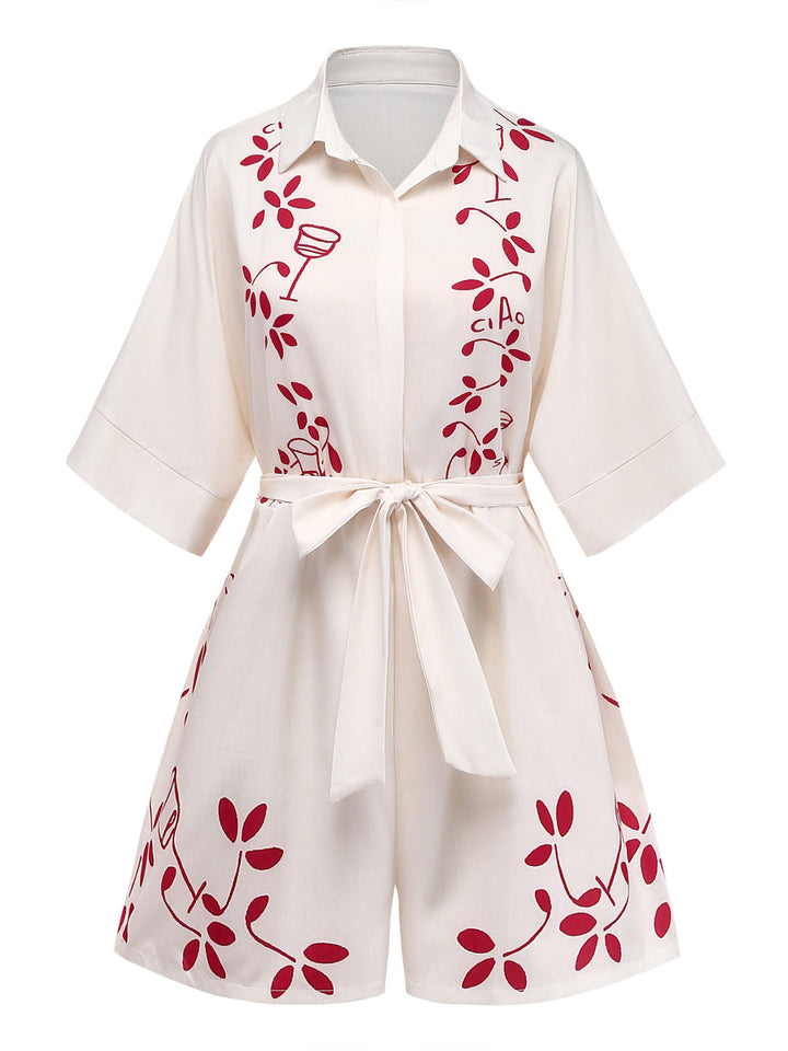 Beige 1950s Botanical Print Belted Romper 2