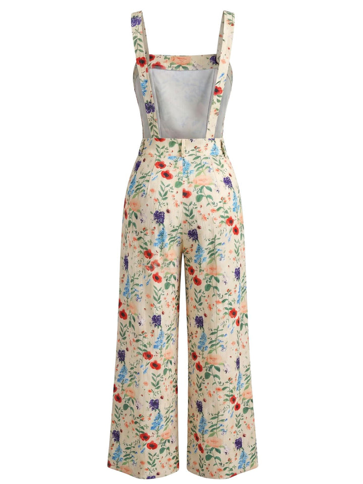 Beige 1950s Floral Butterfly Print Button Romper, vintage romper, retro jumpsuit - perfect for women who love vintage and retro fashion