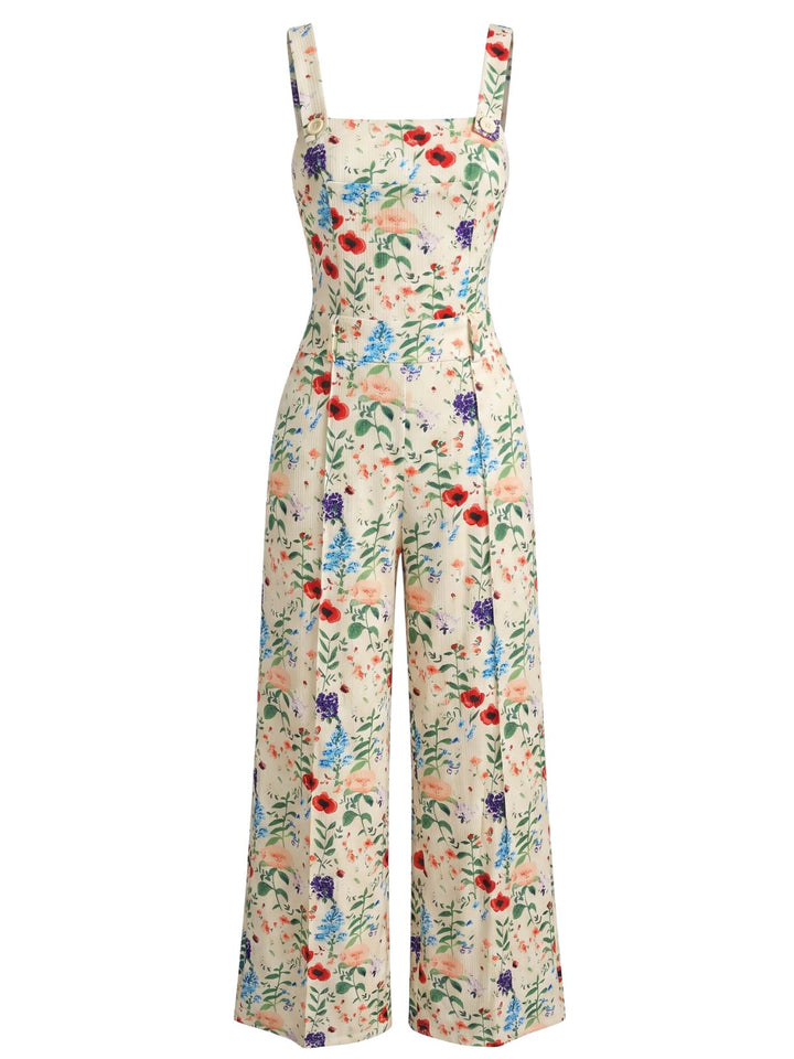 Beige 1950s Floral Butterfly Print Button Romper, vintage romper, retro jumpsuit - perfect for women who love vintage and retro fashion