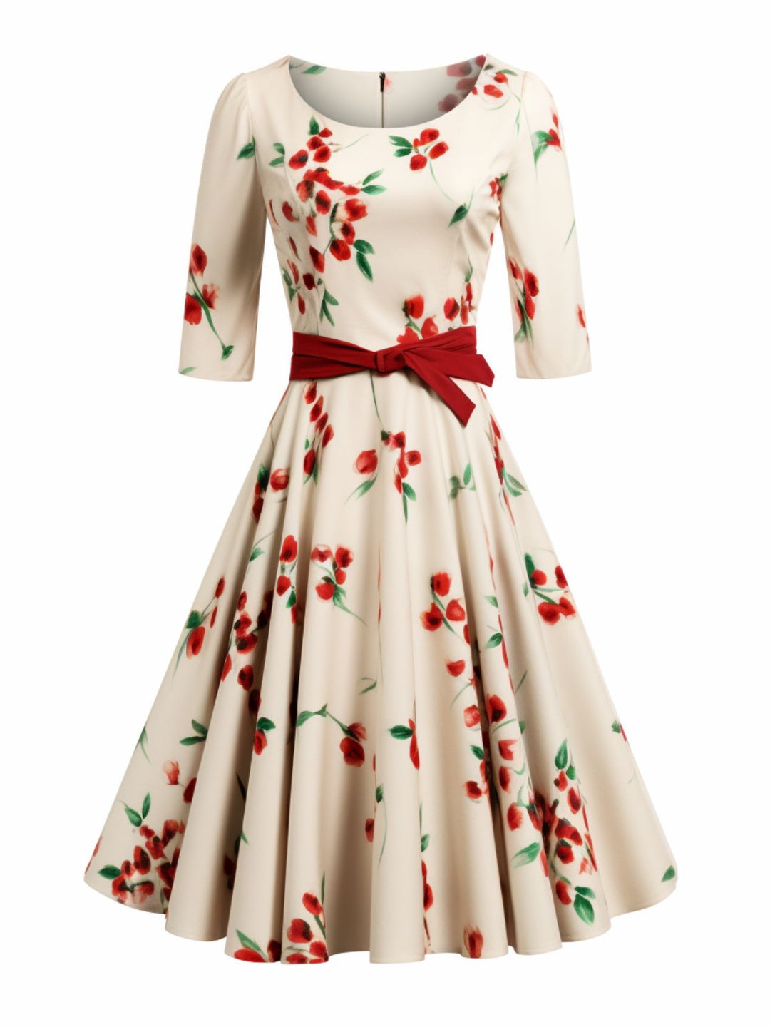 She slips into this Beige 1950s Floral Half Sleeve Belted Dress and suddenly it&