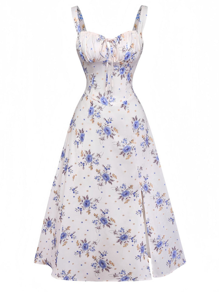 Beige 1950s Floral Lace-Up Side-Slit Dress: beautiful vintage dress, retro fashion, elegant style with timeless appeal