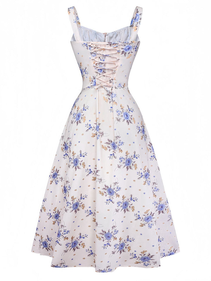 Beige 1950s Floral Lace-Up Side-Slit Dress | vintage dress, retro fashion, elegant style - perfect for retro fashion enthusiasts