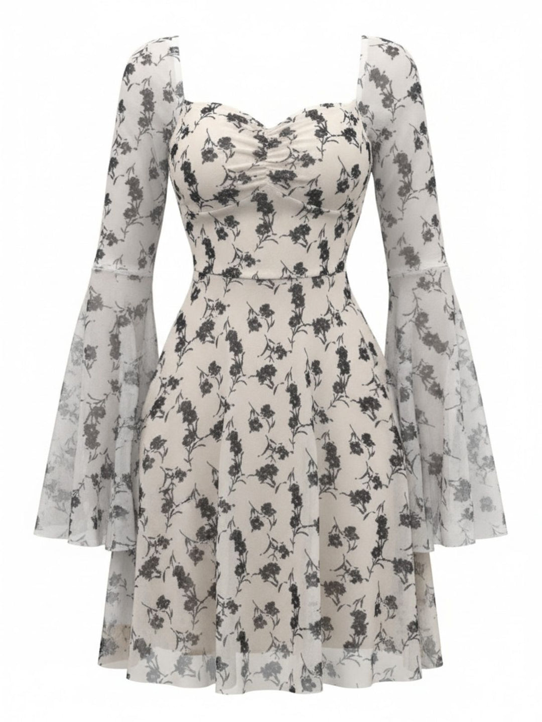 Beige 1950s Floral Sweetheart Mesh Bell-Sleeve Mini Dress: beautiful vintage dress, retro fashion, elegant style with timeless appeal