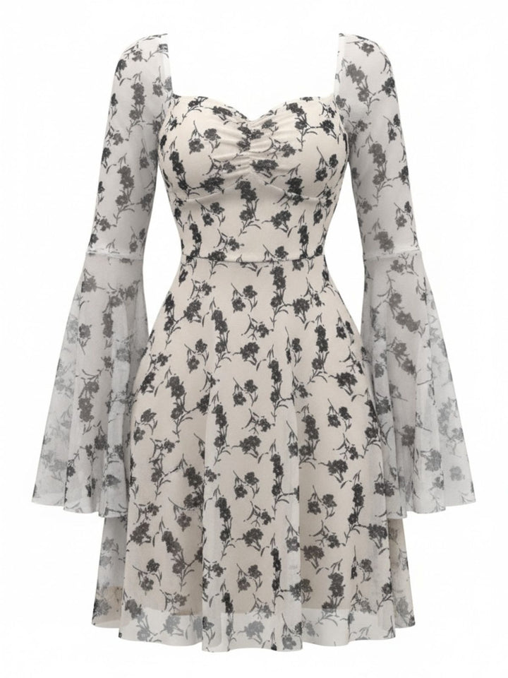 Beige 1950s Floral Sweetheart Mesh Bell-Sleeve Mini Dress: beautiful vintage dress, retro fashion, elegant style with timeless appeal