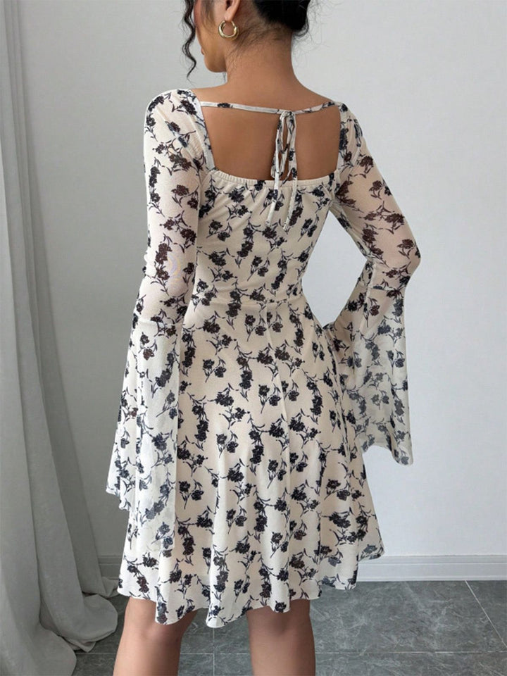 Beige 1950s Floral Sweetheart Mesh Bell-Sleeve Mini Dress | vintage dress, retro fashion, elegant style - perfect for retro fashion enthusiasts