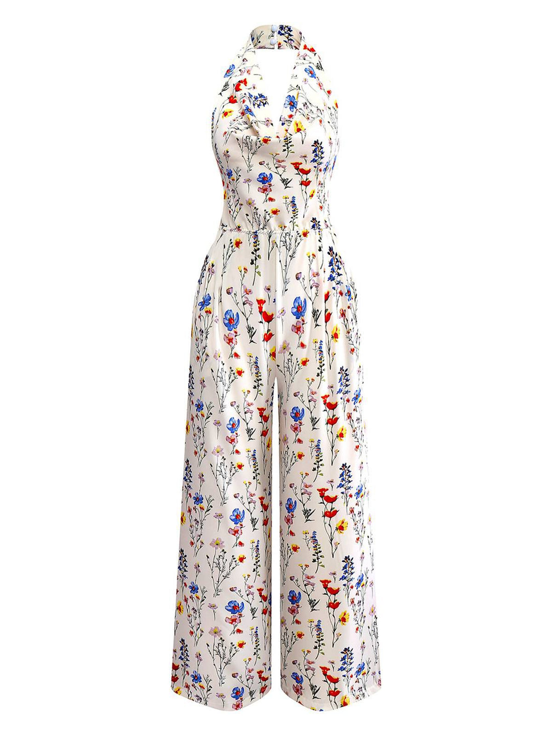 Beige 1950s Halter Floral Backless Jumpsuit - vintage jumpsuit, retro fashion