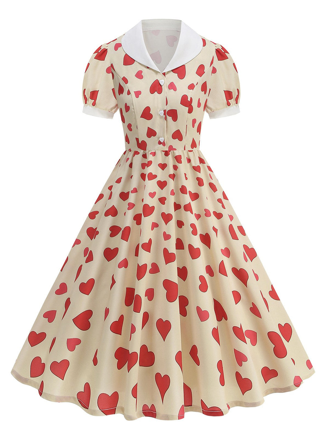 She slips into this Beige 1950s Hearts Puff Sleeves Lapel Dress and suddenly it&