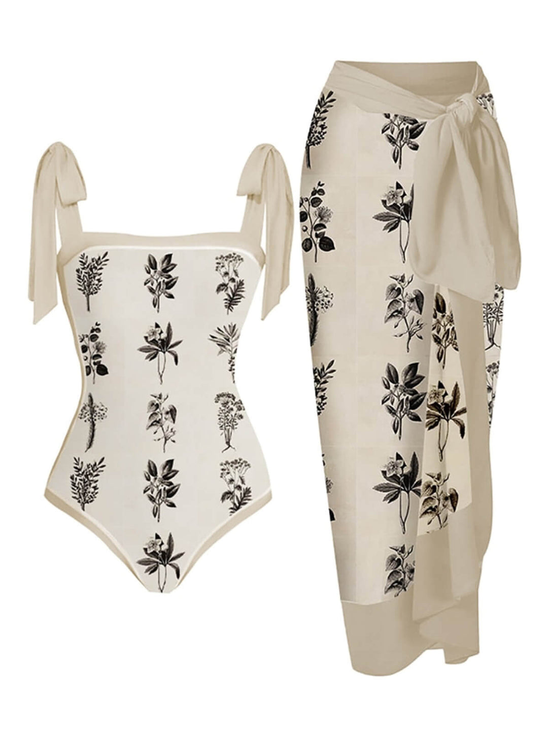 Beige 1950s Ink Floral One-piece Swimsuit &amp; Cover-up: timeless style reimagined