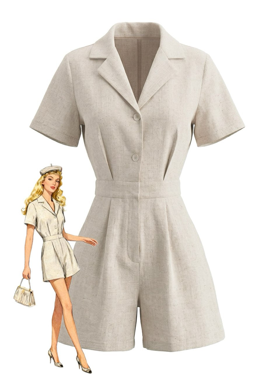 Beige 1950s Lapel Pocketed Solid Romper - vintage romper, retro jumpsuit for vintage lovers