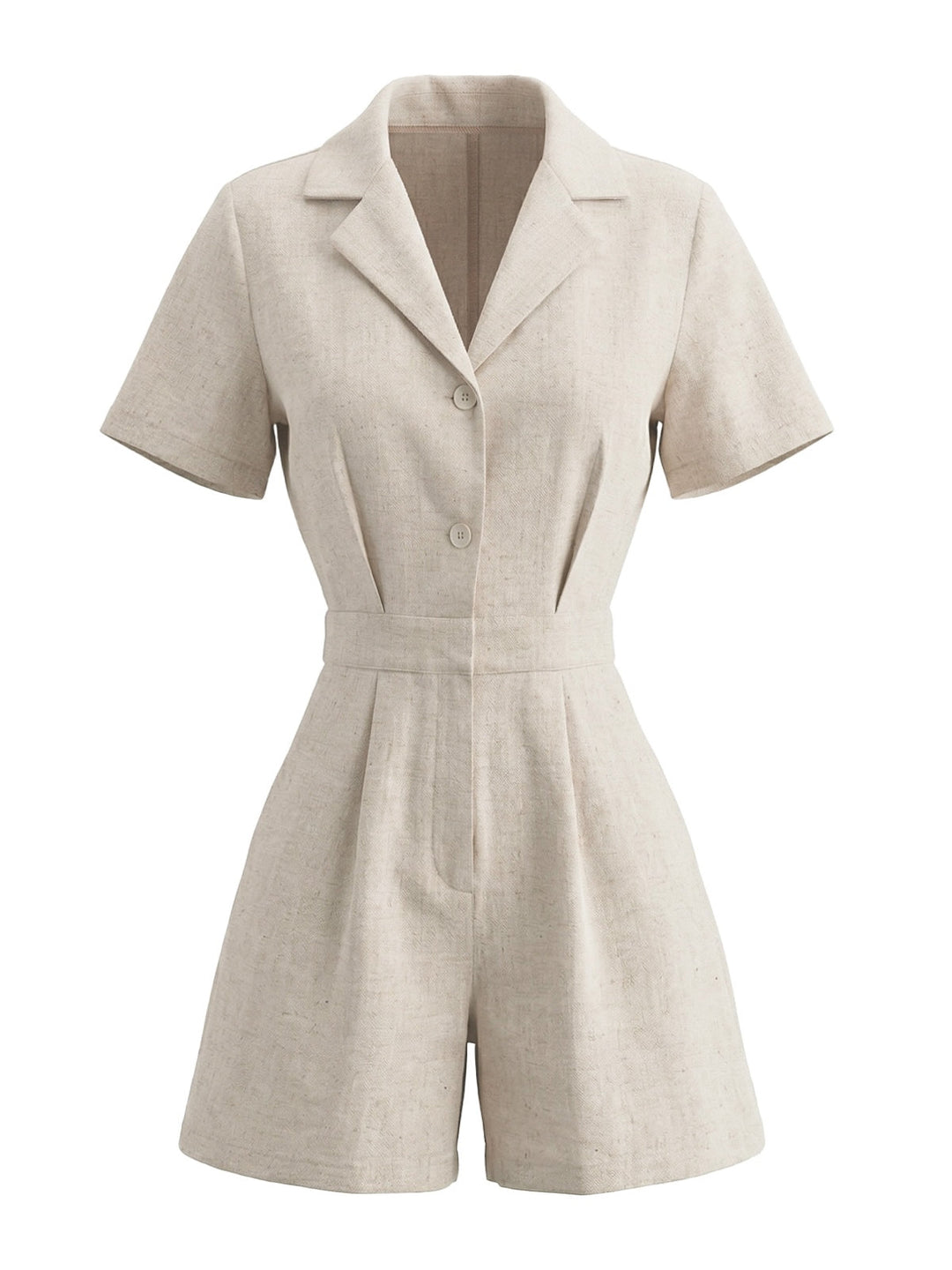 Beige 1950s Lapel Pocketed Solid Romper - vintage romper, retro jumpsuit for vintage lovers