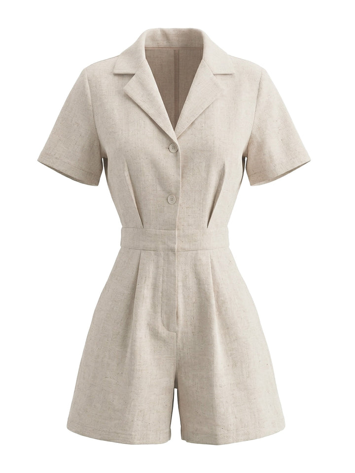 Beige 1950s Lapel Pocketed Solid Romper - vintage romper, retro jumpsuit for vintage lovers