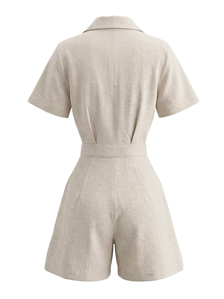 Beige 1950s Lapel Pocketed Solid Romper - vintage romper, retro jumpsuit for vintage lovers