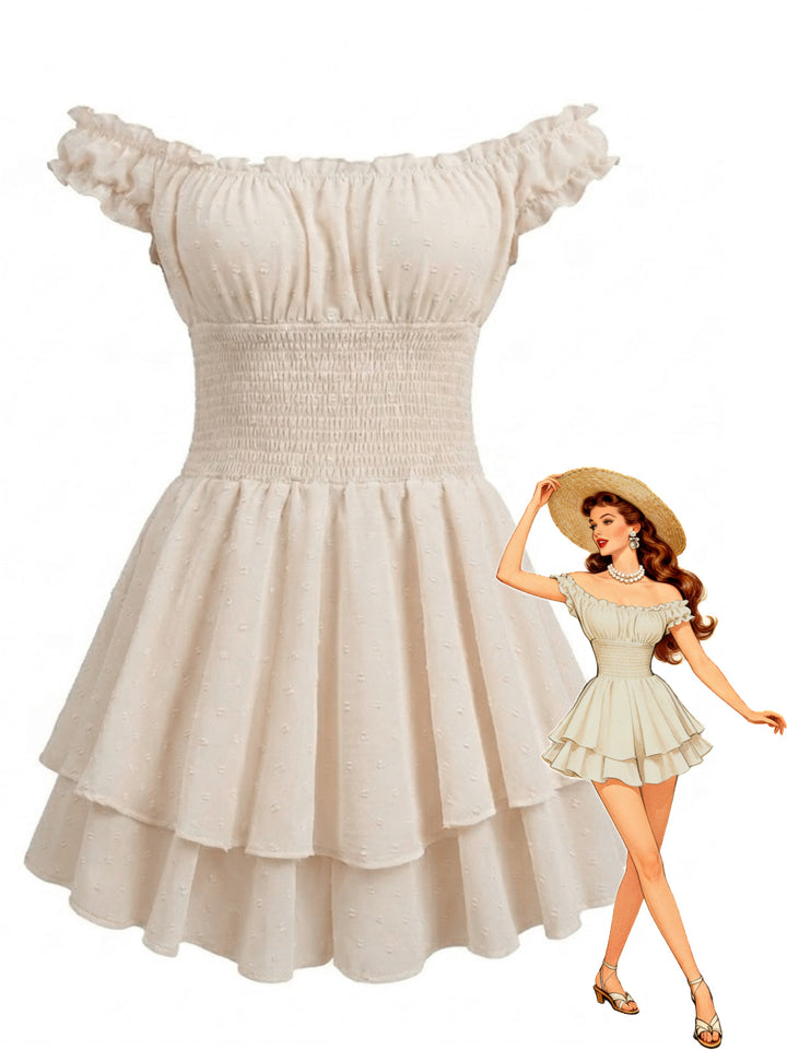 Beige 1950s Off-Shoulder Smocked Tiered Ruffle Romper - vintage romper, retro jumpsuit, playful style for vintage lovers