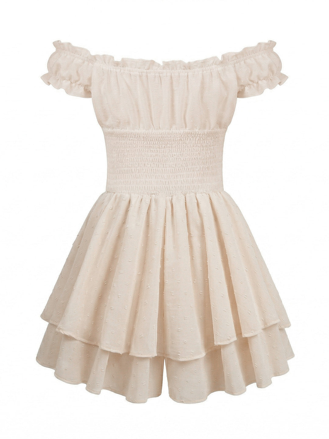 Beige 1950s Off-Shoulder Smocked Tiered Ruffle Romper | vintage romper, retro jumpsuit, playful style - perfect for retro fashion enthusiasts