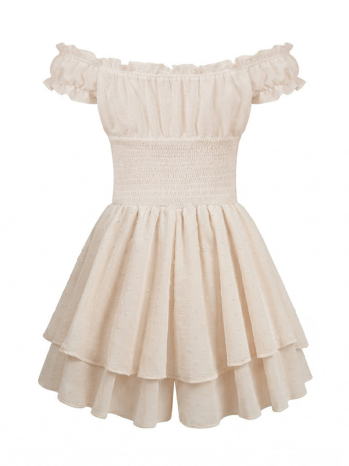 Beige 1950s Off-Shoulder Smocked Tiered Ruffle Romper | vintage romper, retro jumpsuit, playful style - perfect for retro fashion enthusiasts