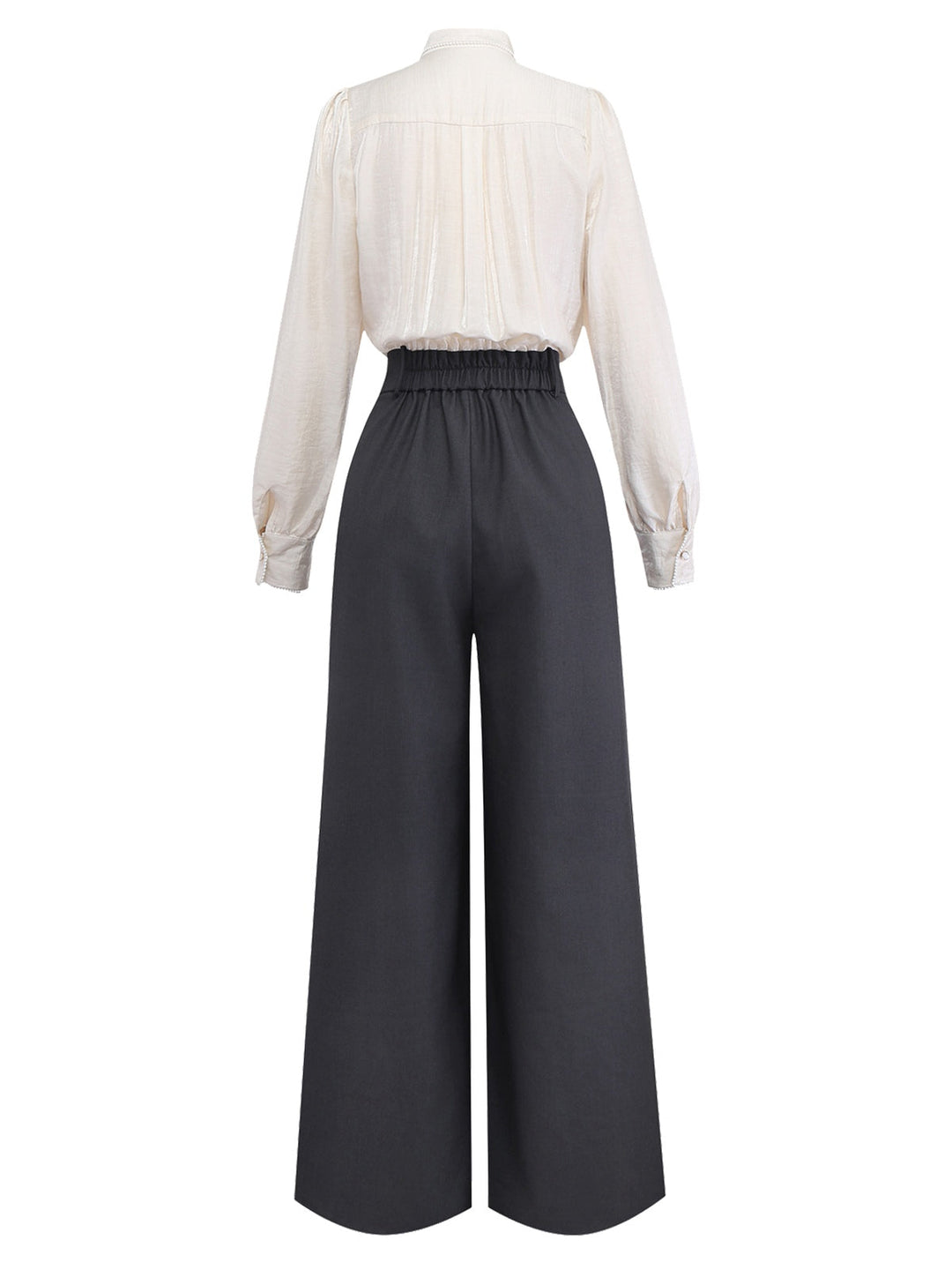 Beige 1950s Pearl Trimmed Bow Tie-Neck Jumpsuit - vintage jumpsuit, retro fashion