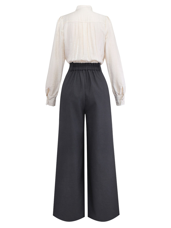Beige 1950s Pearl Trimmed Bow Tie-Neck Jumpsuit - vintage jumpsuit, retro fashion