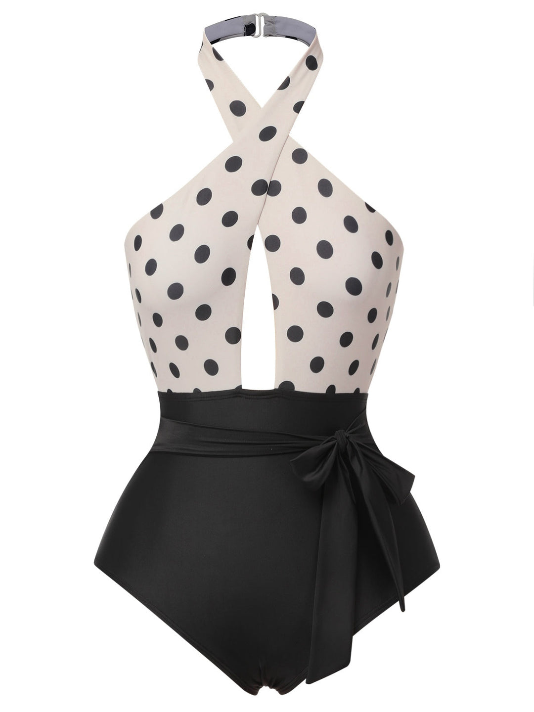 Beige Polka Dot Halter One-Piece Swimsuit, vintage swimsuit, swimwear - perfect for women who love vintage and retro fashion
