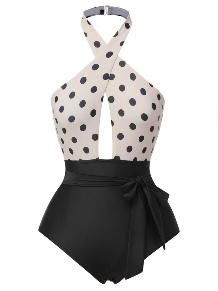 Beige Polka Dot Halter One-Piece Swimsuit, vintage swimsuit, swimwear - perfect for women who love vintage and retro fashion