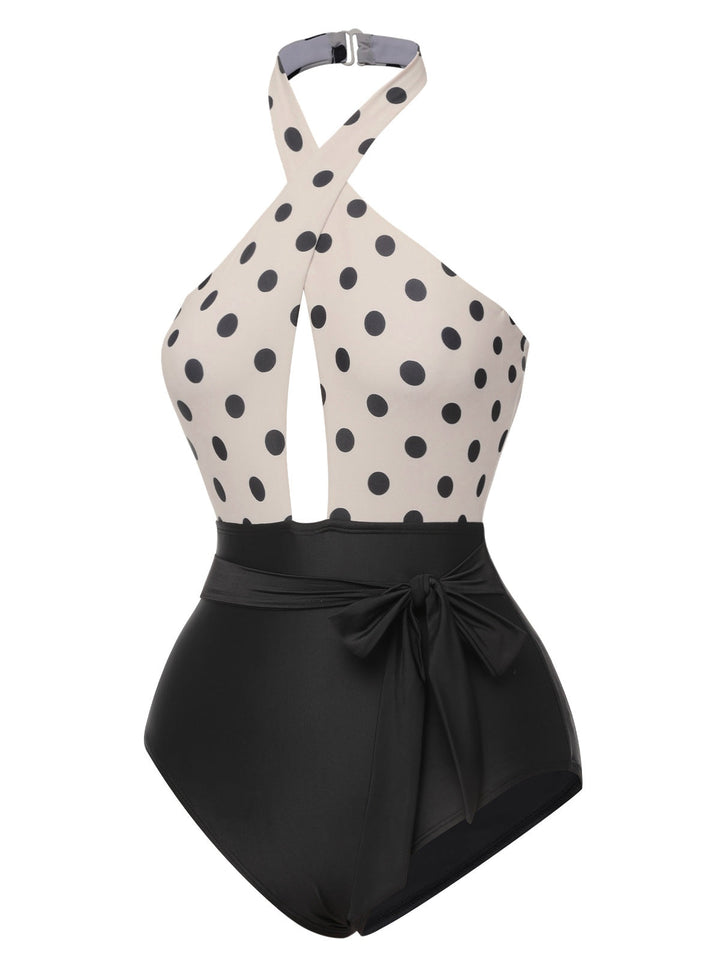 Beige Polka Dot Halter One-Piece Swimsuit, vintage swimsuit, swimwear - perfect for women who love vintage and retro fashion