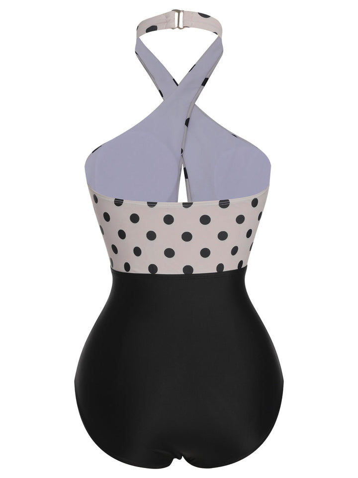Beige Polka Dot Halter One-Piece Swimsuit, vintage swimsuit, swimwear - perfect for women who love vintage and retro fashion