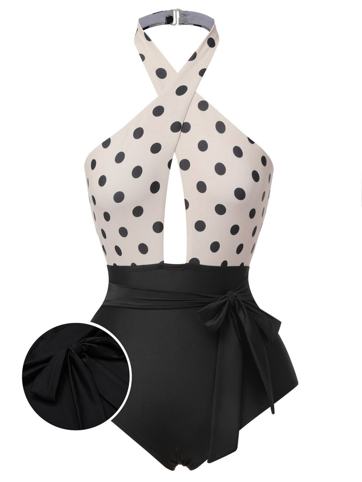 Beige Polka Dot Halter One-Piece Swimsuit, vintage swimsuit, swimwear - perfect for women who love vintage and retro fashion