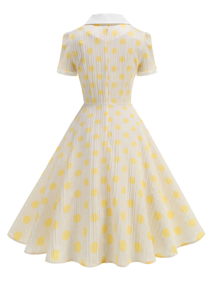 Beige 1950s Polka Dots Lapel Buttons Dress - vintage dress, retro fashion, rockabilly