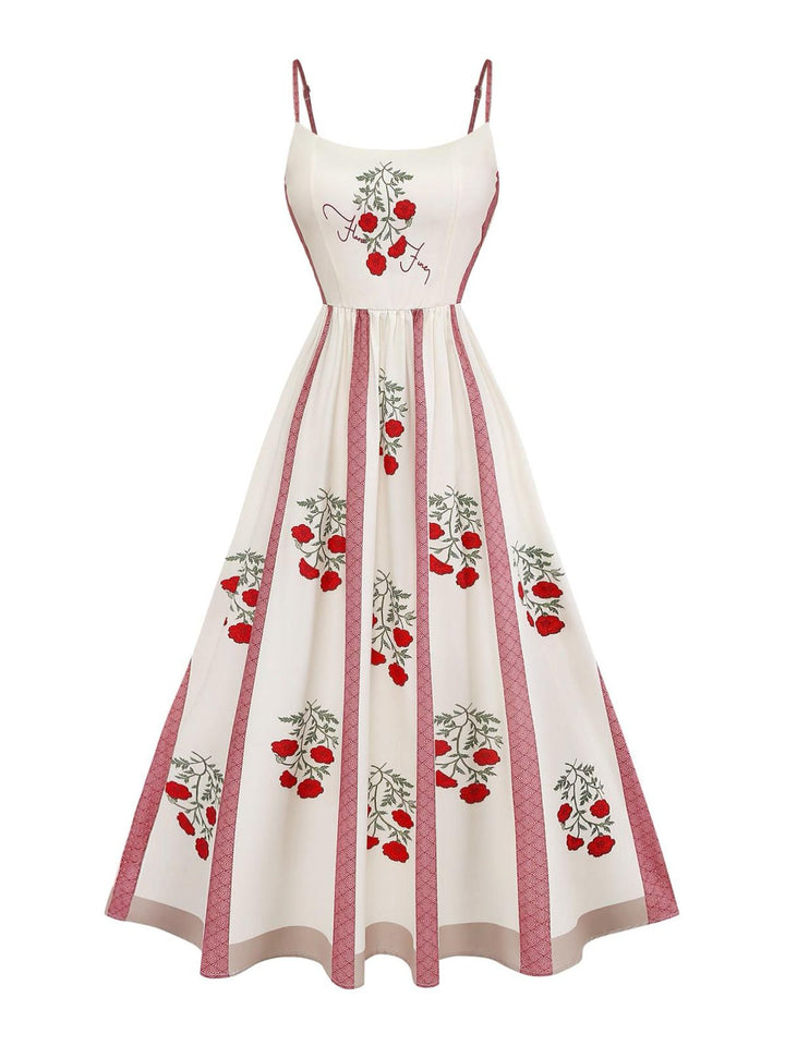Beige 1950s Rose Spaghetti Strap Swing Dress, vintage dress, retro fashion, rockabilly, pin-up fashion - perfect for women who love vintage and retro fashion