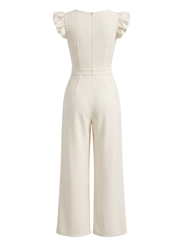 Beige 1950s Ruffle Mesh Square Neck Jumpsuit, vintage romper, retro jumpsuit - perfect for women who love vintage and retro fashion