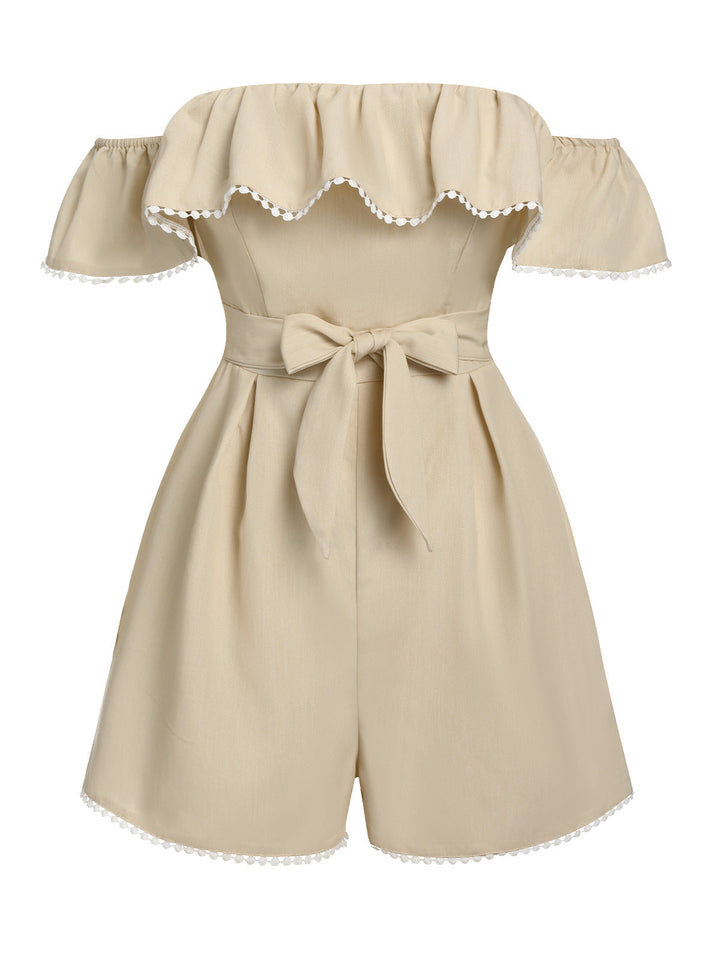 Beige 1950s Solid Cap Sleeve Belt Romper, vintage romper, retro jumpsuit - perfect for women who love vintage and retro fashion